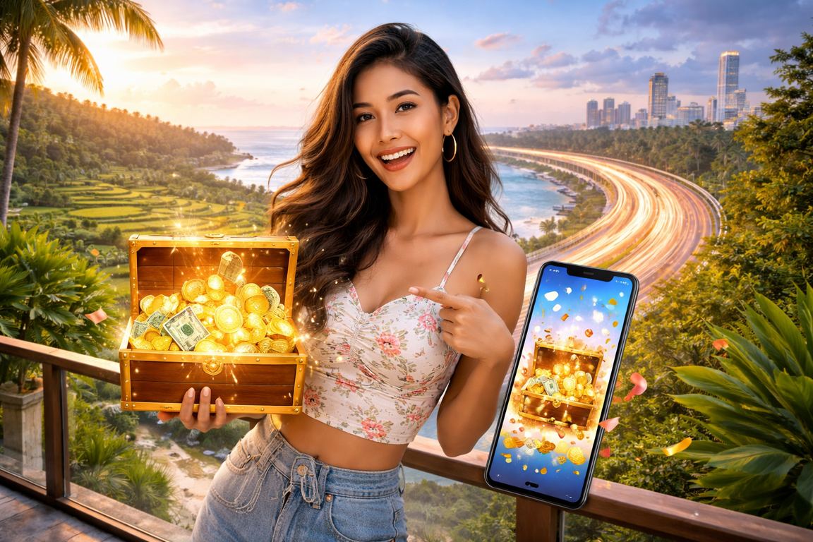 Pengguna mengakses kasino mobile di tepi pantai dengan ponsel